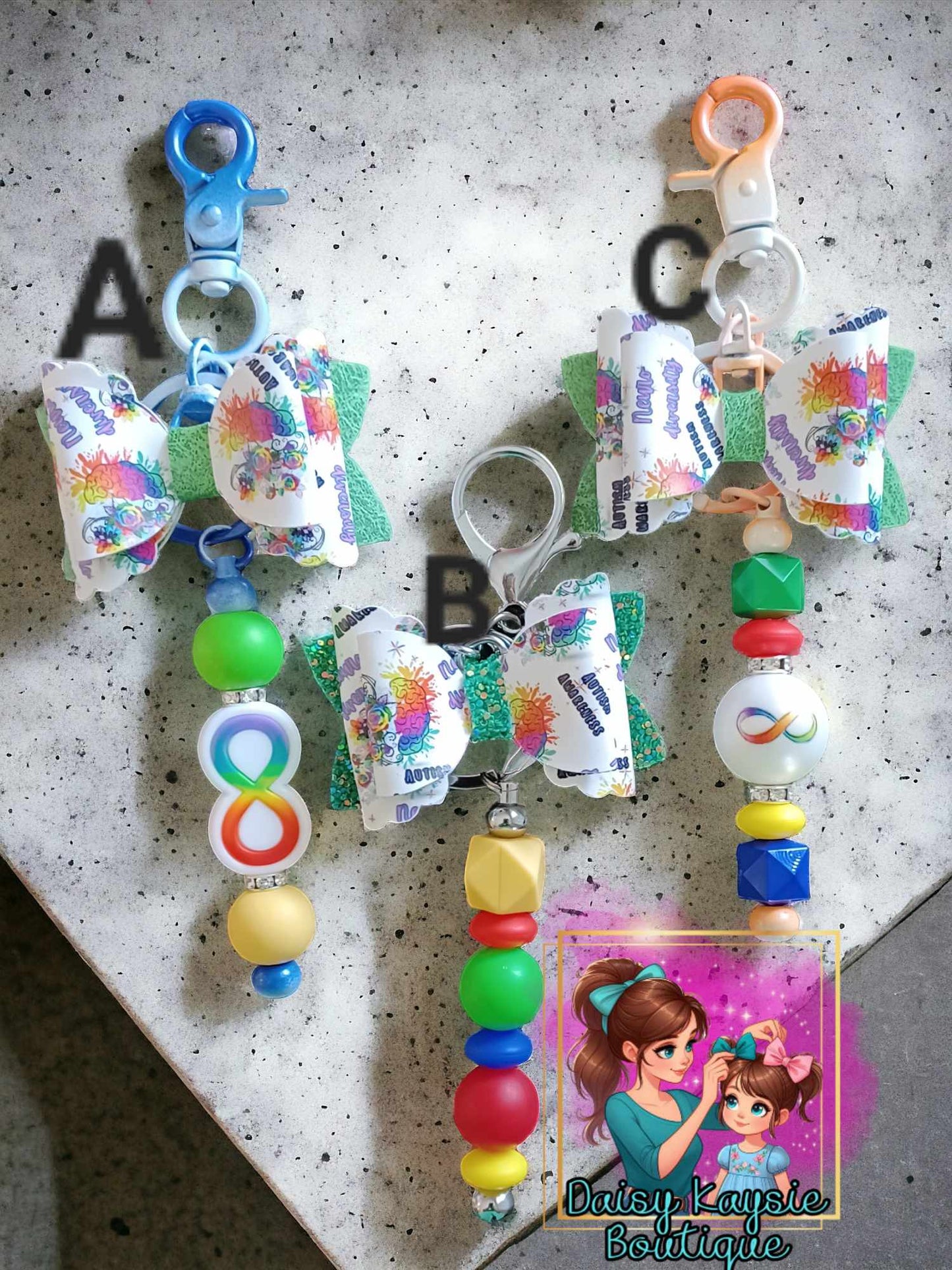 Autism Awareness Keychain Bow, Infinity Sign, Rainbow Brain