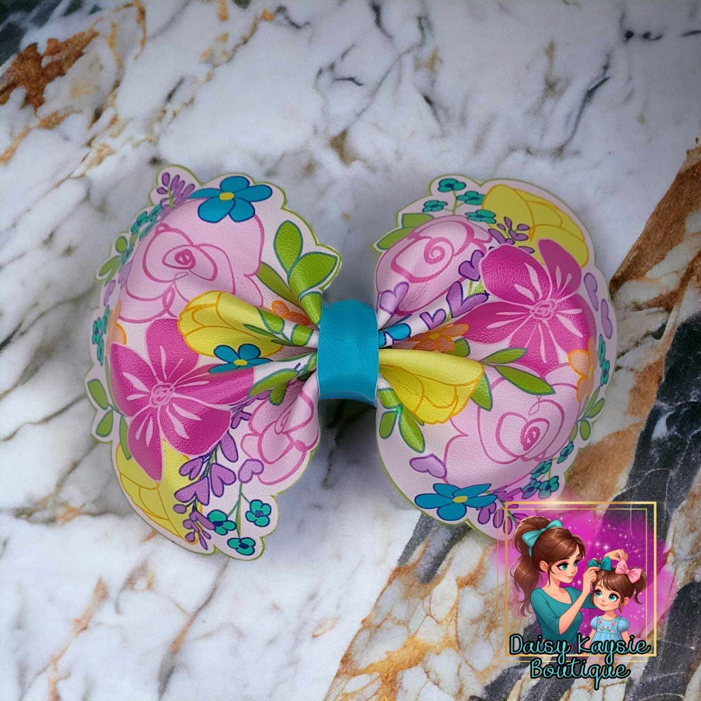 Floral faux leather bow