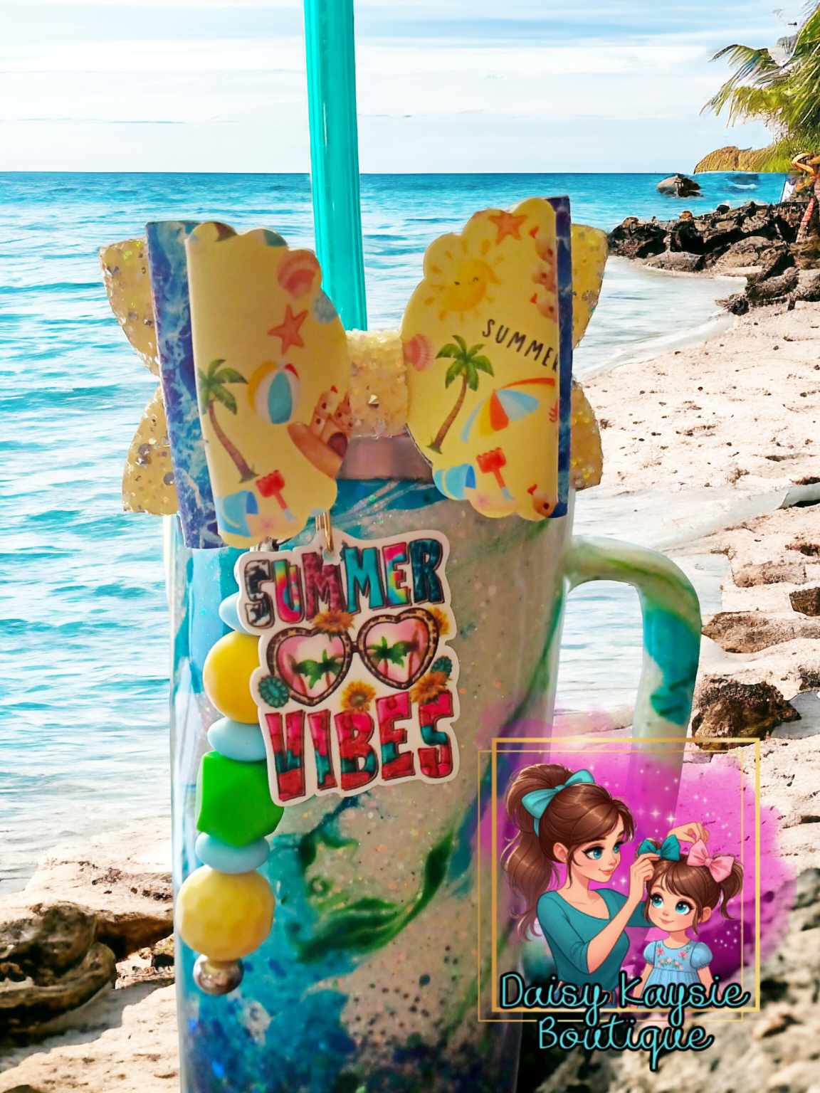 Summer Vibes Beach Yellow Straw Bow Cup Accessories