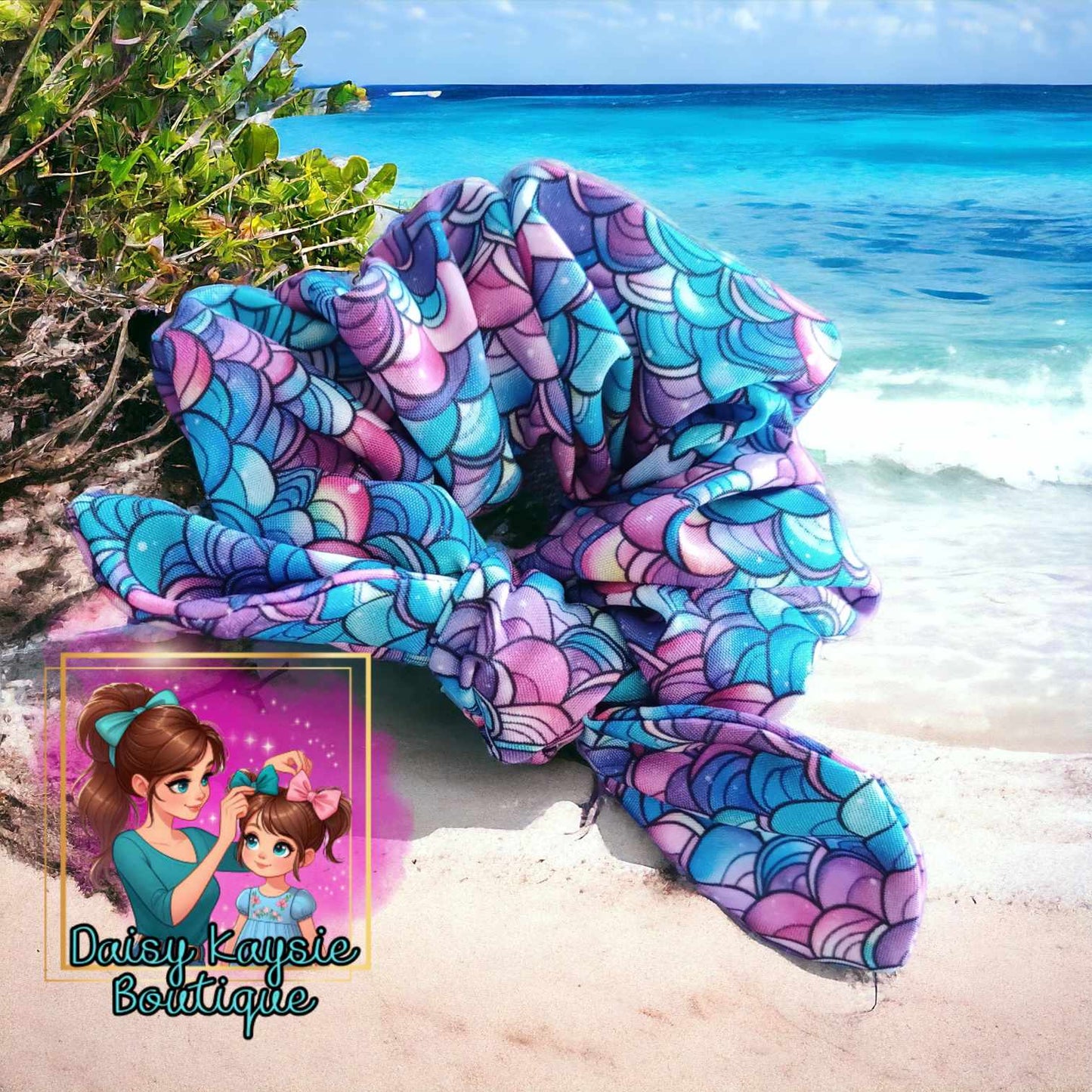 Mermaid Scales Fabric Bunny Ear Scrunchie