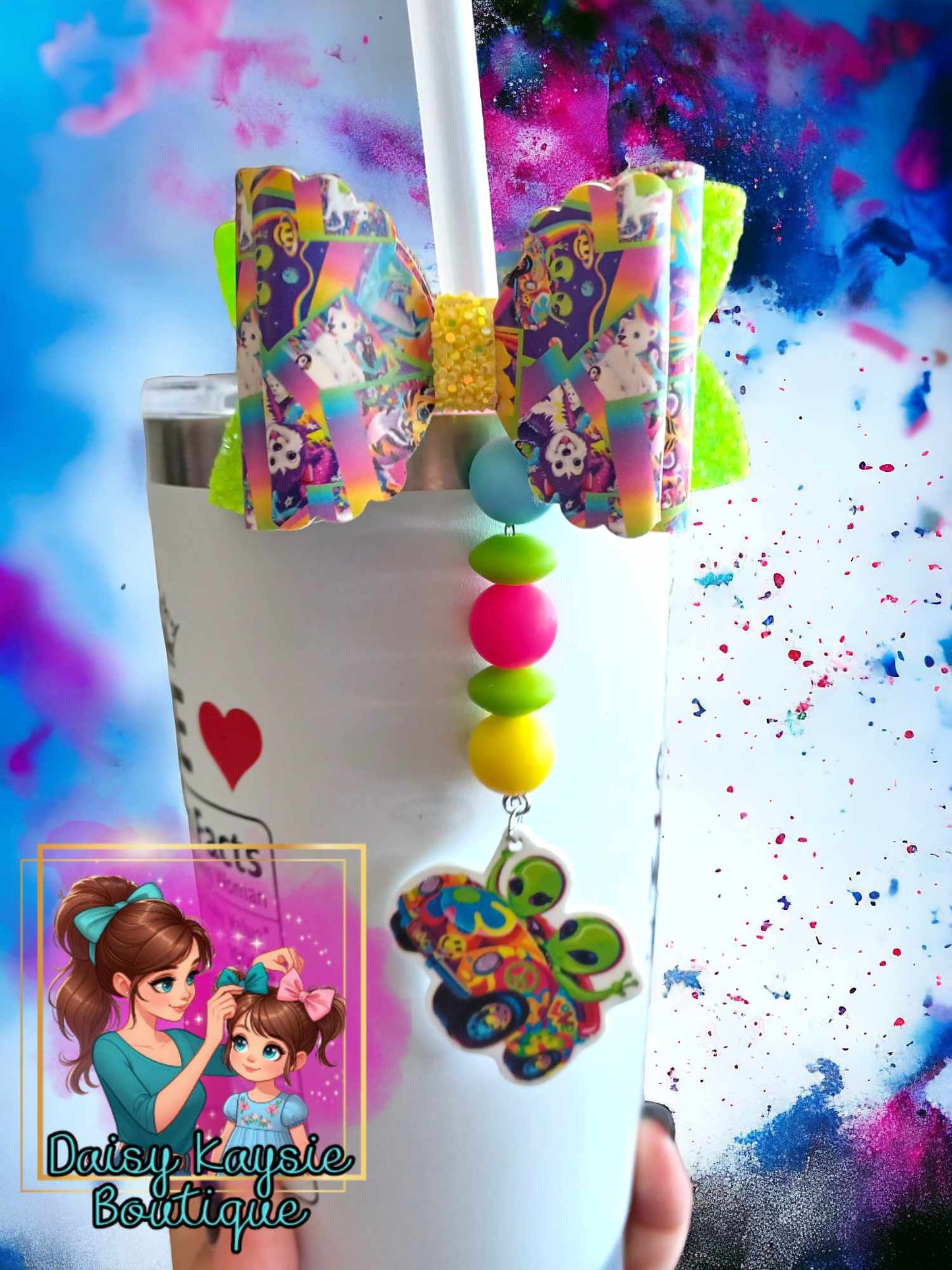 90s Colorful Animals Twin Aliens Tumbler Travel Cup Straw Bow