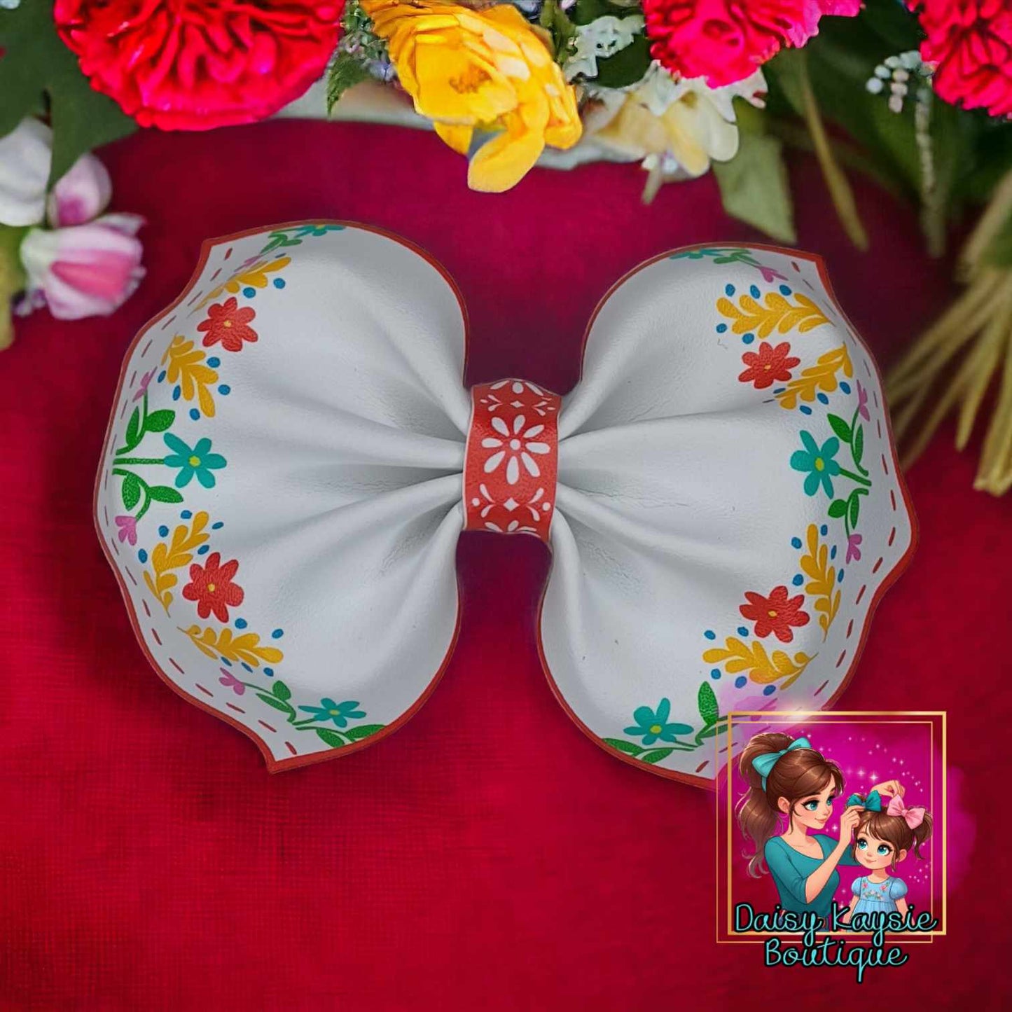 Framed Floral faux leather bow
