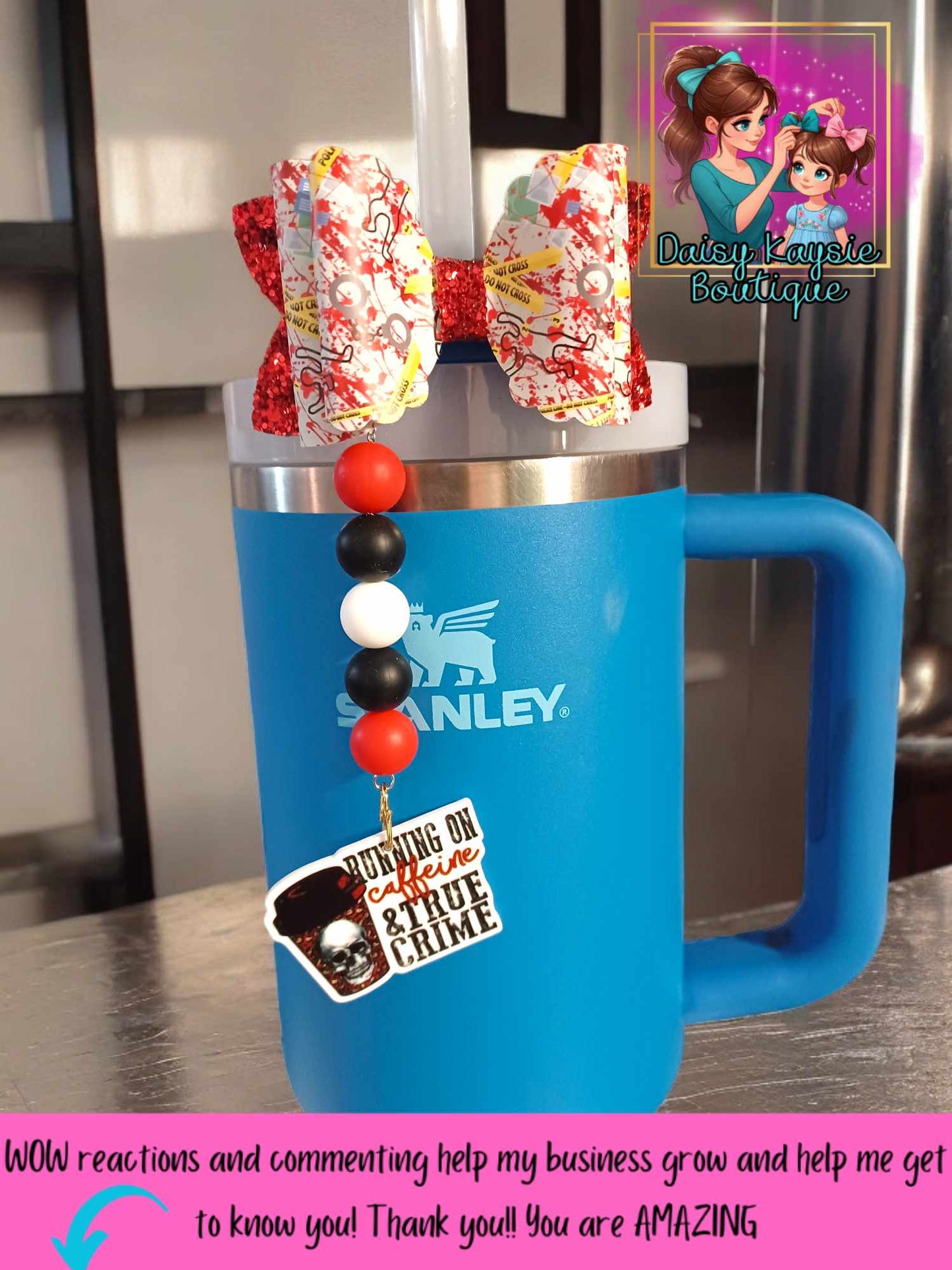 True Crime Coffee Crafting Tumbler Travel Cup Straw Bow