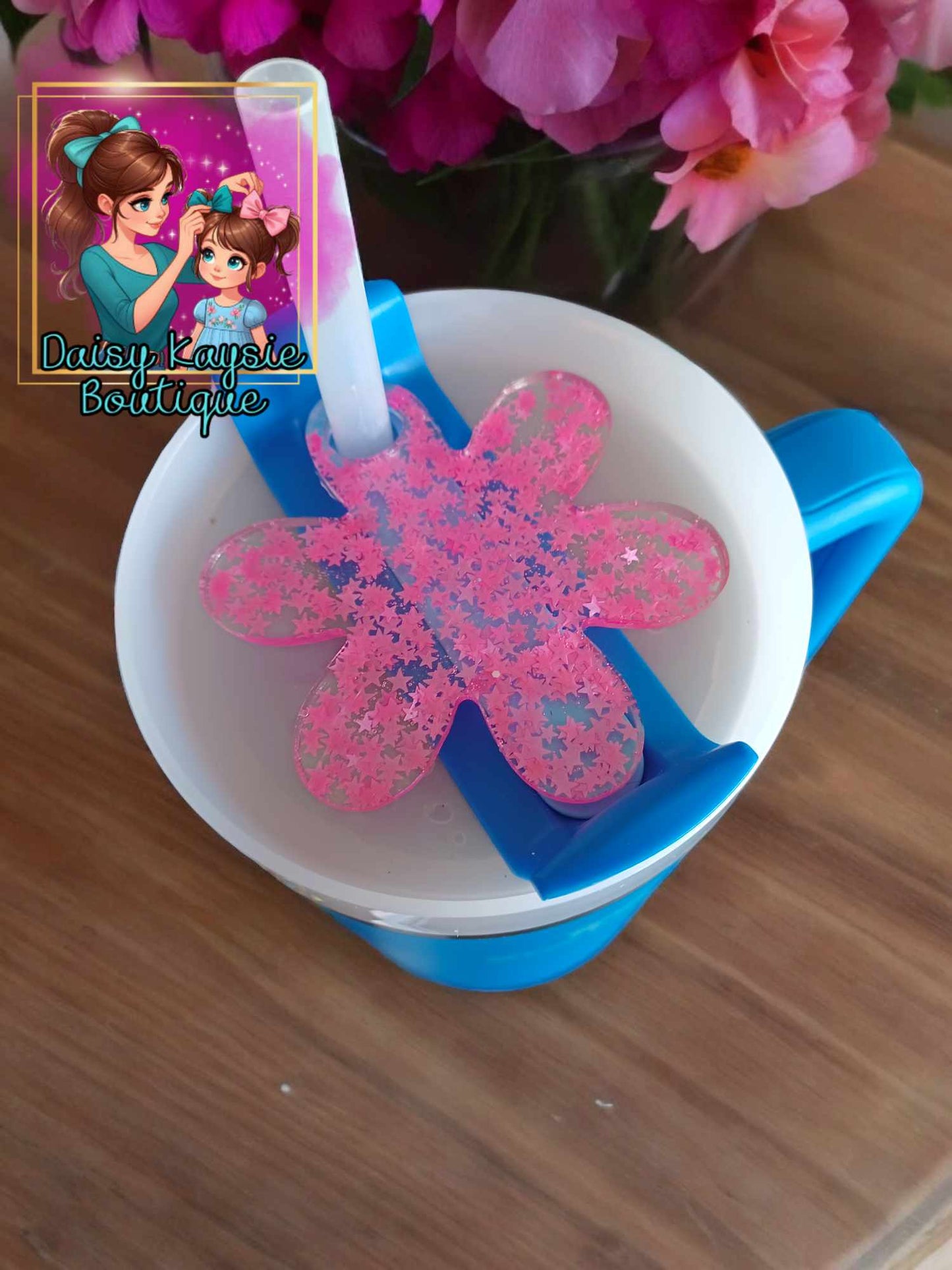 Neon Pink Flower Travel Cup Decorative Plate Lid Topper