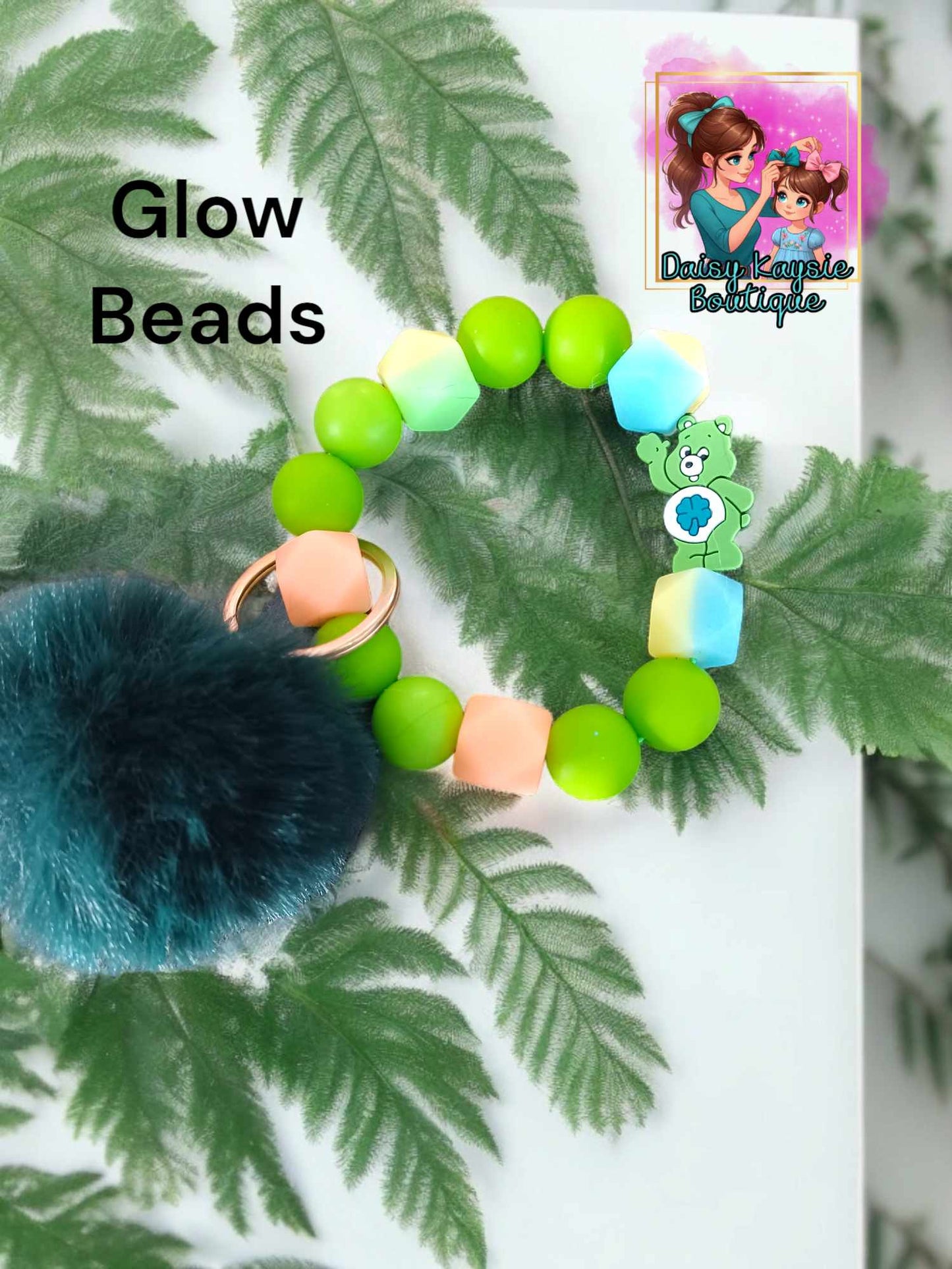 Keyper Beaded Wristlet Key Chain Green Cloud Bear