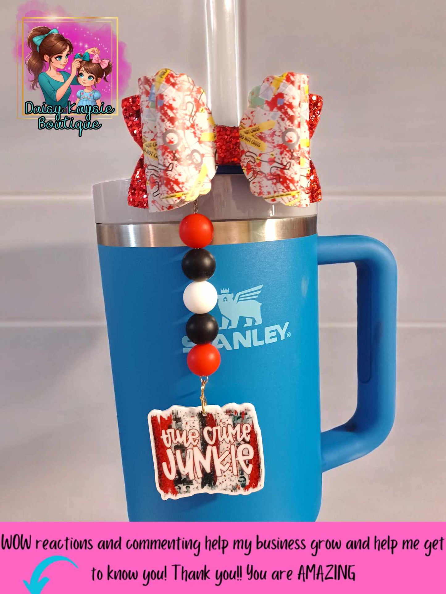 True Crime Coffee Crafting Tumbler Travel Cup Straw Bow