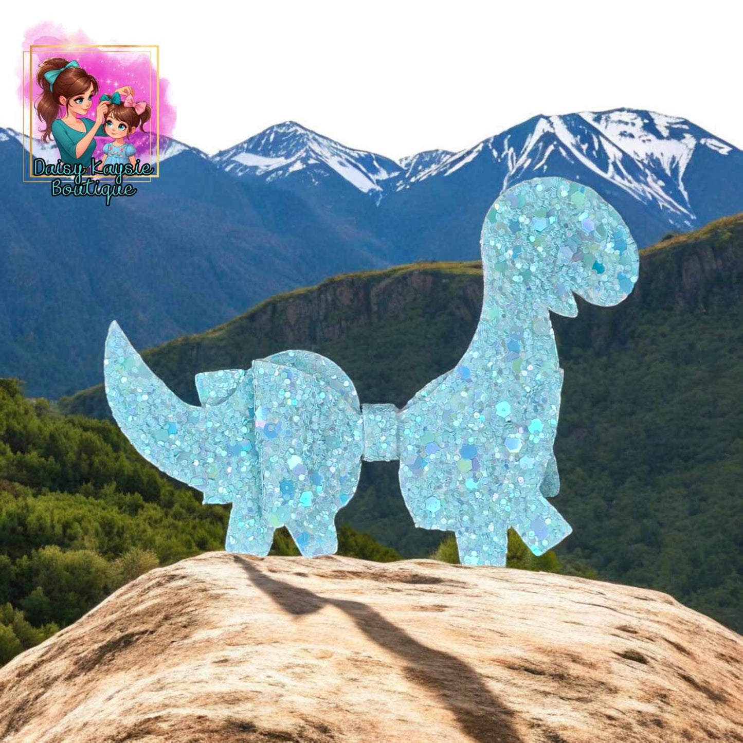 Light Blue Glitter Dino Bow
