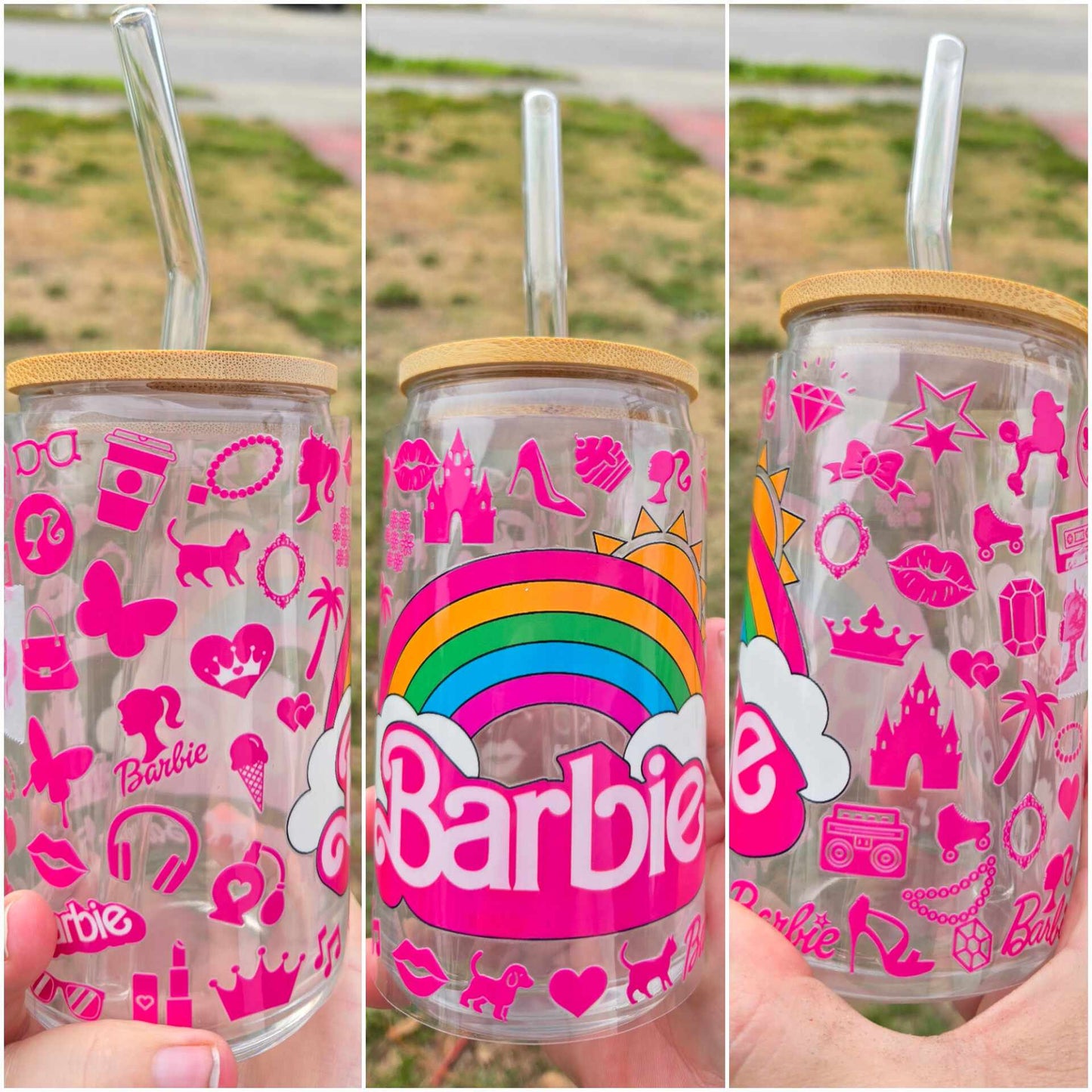 16 oz Glass cup Plastic Doll Rainbow