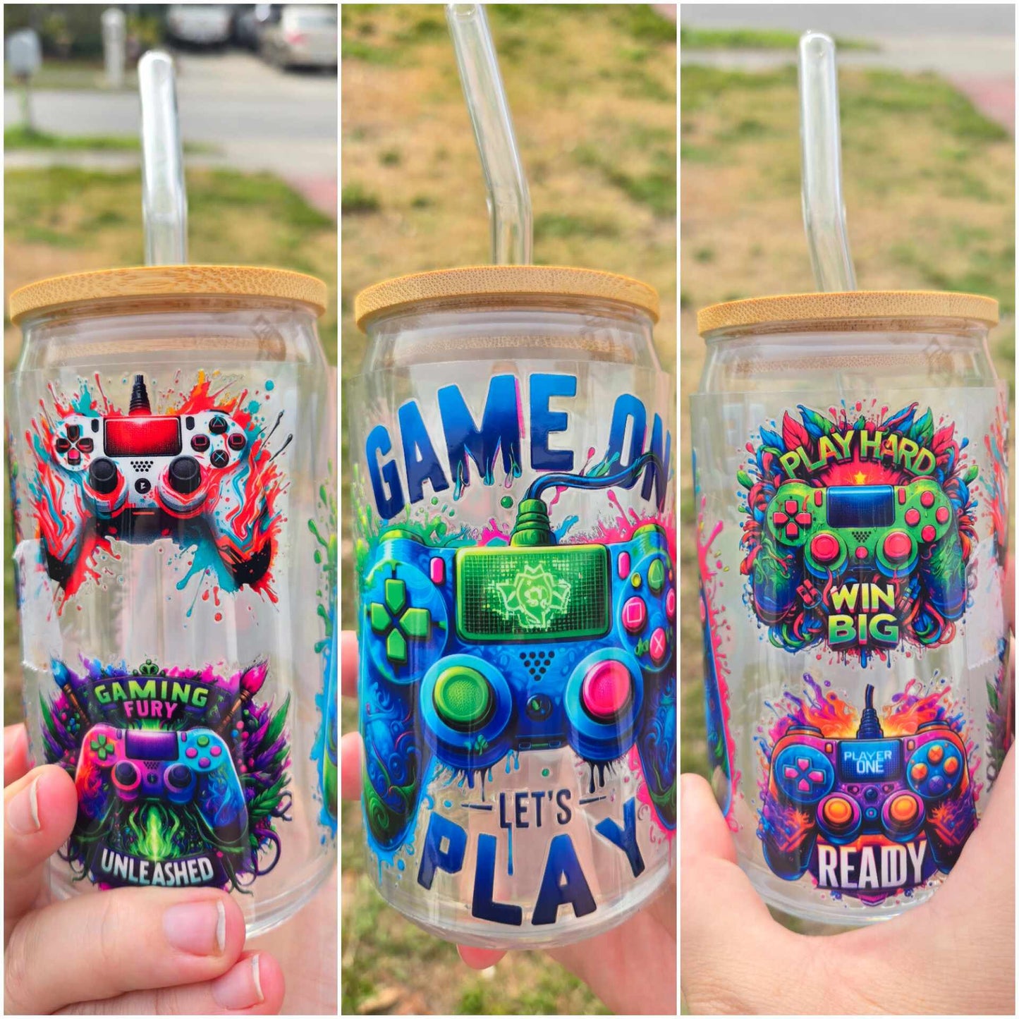 16 oz Glass cup Lets Play Video Game