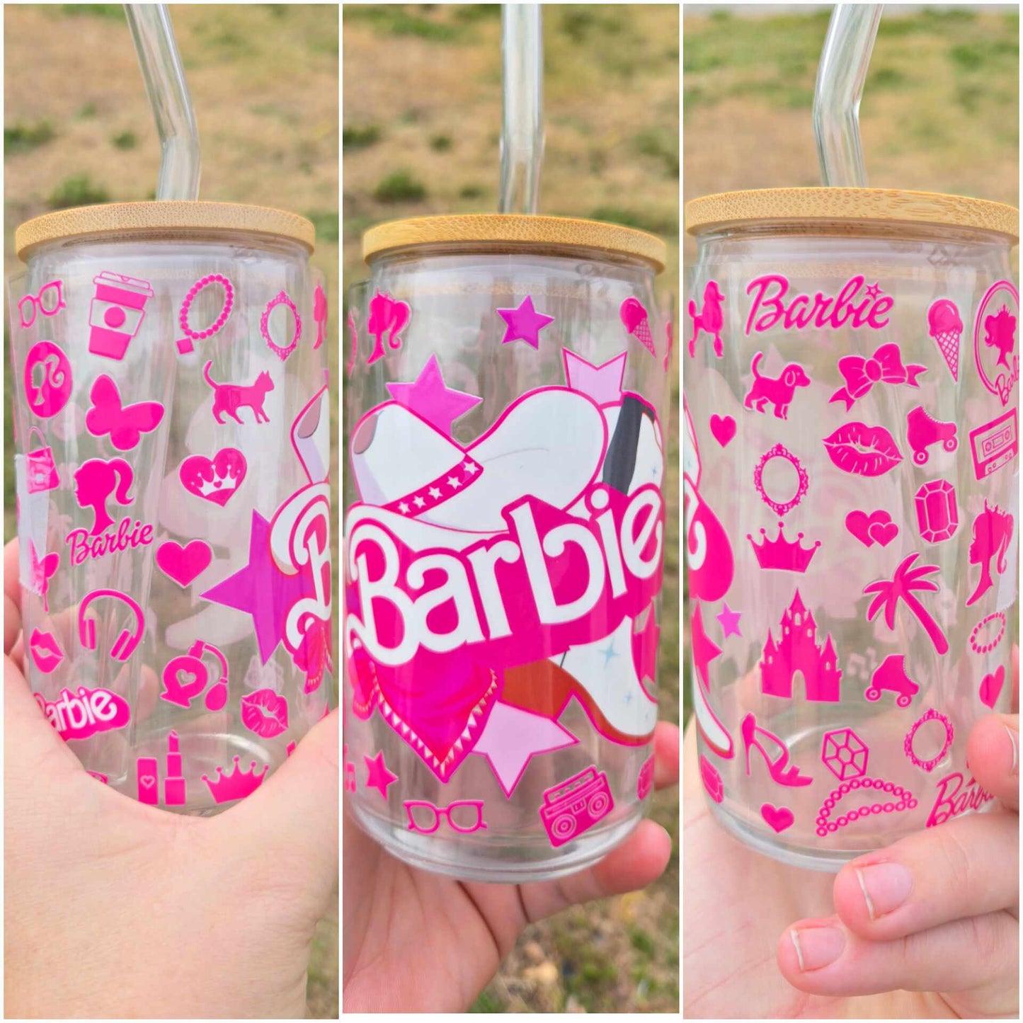 16 oz Glass cup Cow Girl Plastic Doll