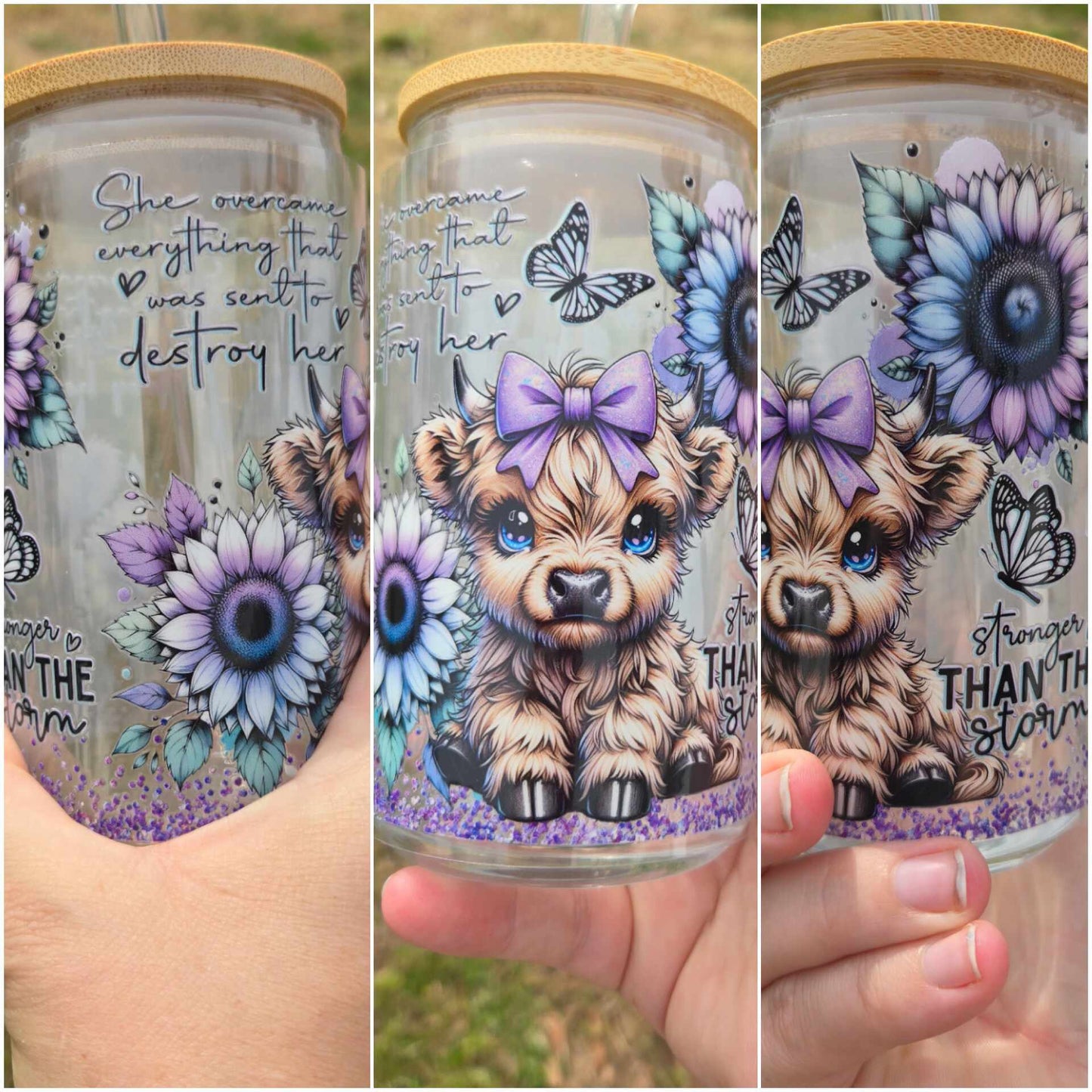 16 oz Glass cup Motivation Purple Highland Cow