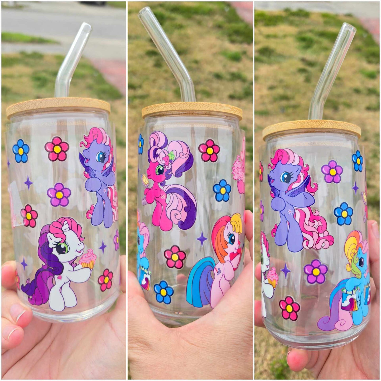 16 oz Glass cup Pony Cartoon