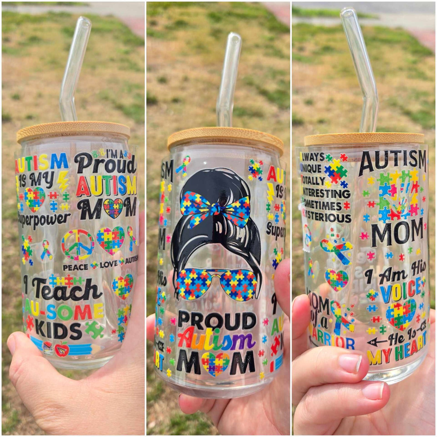 16 oz Glass cup Autism Support