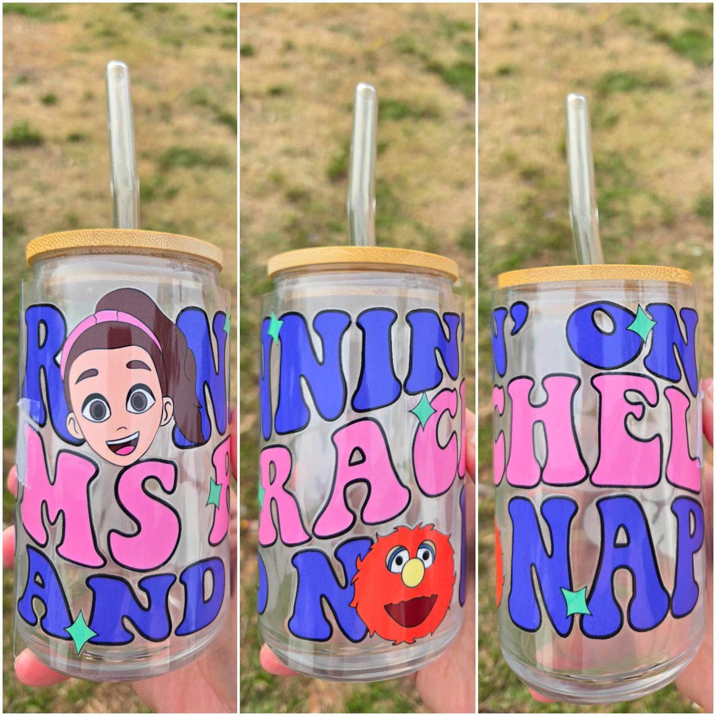 16 oz Glass cup Running on Mrs. Rachael and No Nap