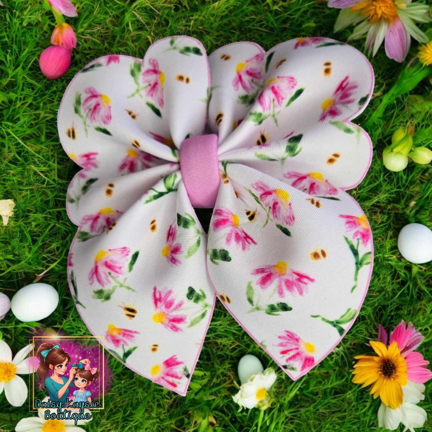 Pink Floral With Bees Scuba Cutout Bow