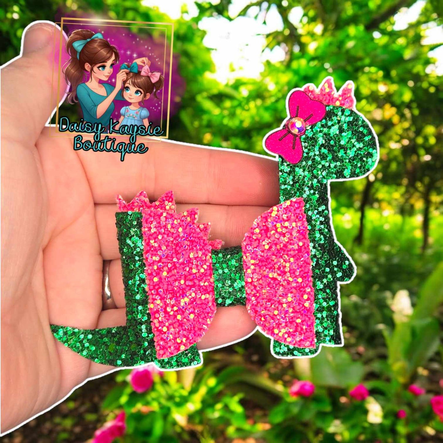 Pink Green Glitter Dino Bow