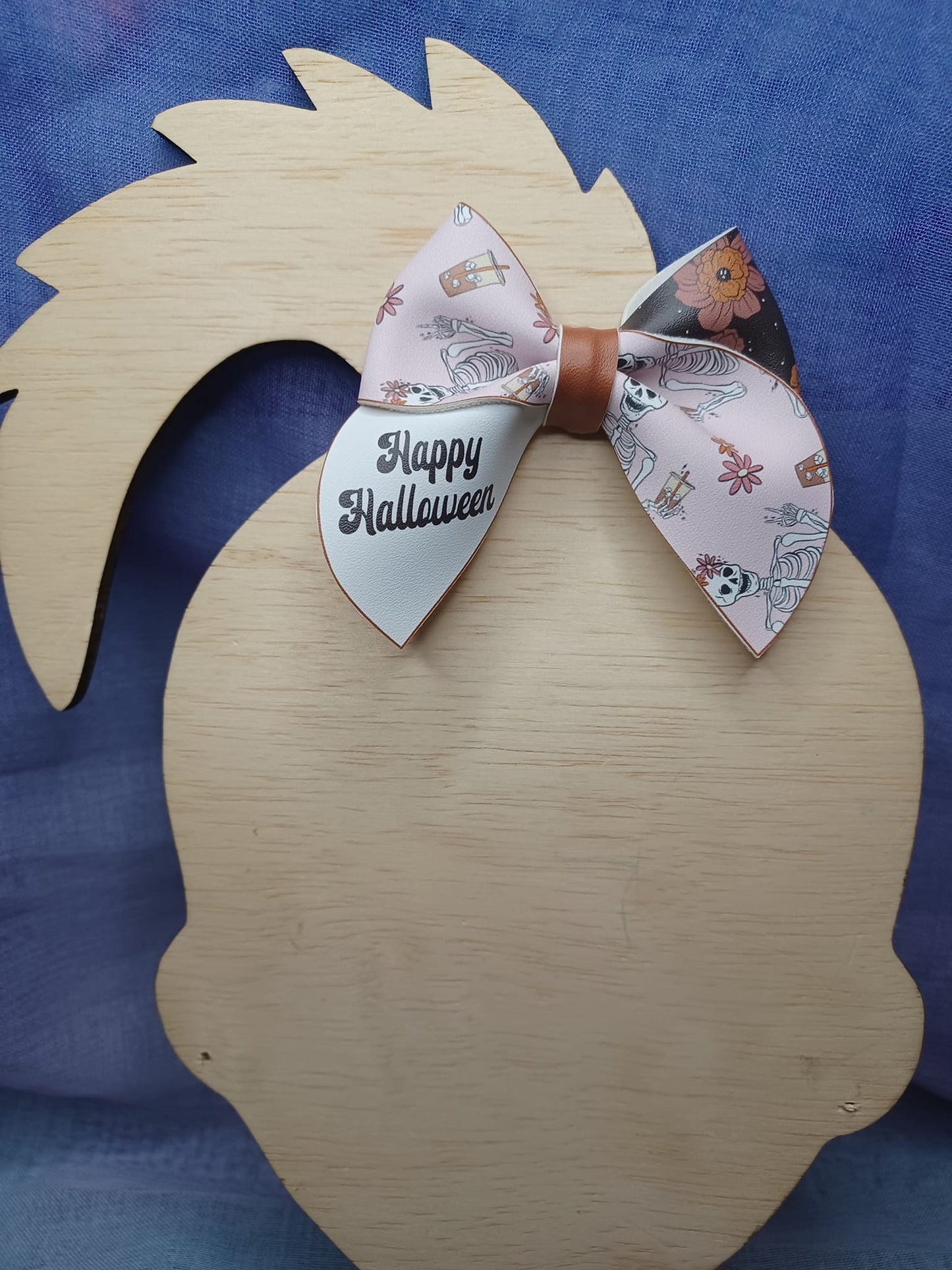 Faux Leather Small Halloween Ghost Skeleton Glow in the Dark Cheer Bow