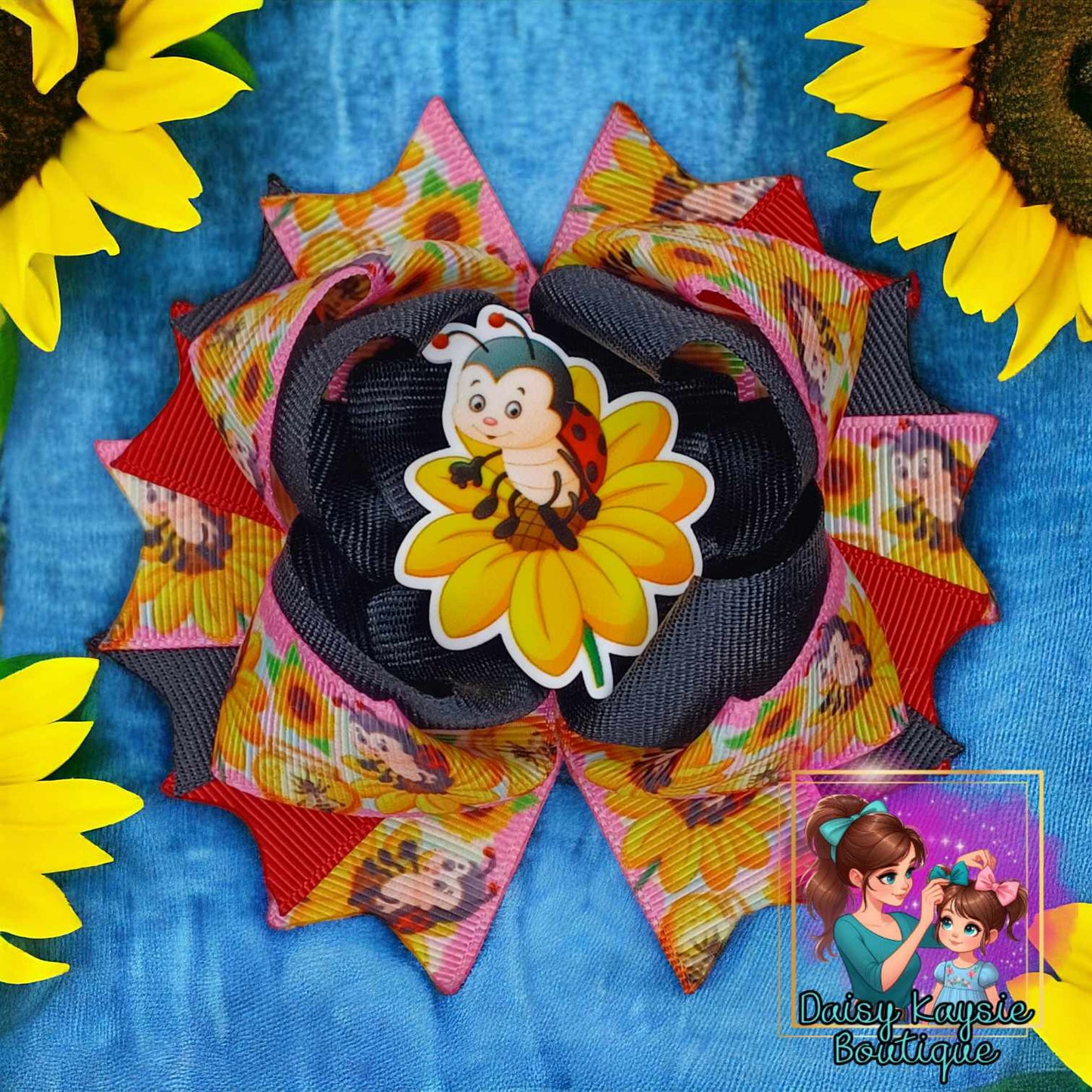 Sunflower Lady Bug Stacked Layered Bow