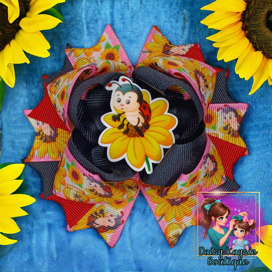 Sunflower Lady Bug Stacked Layered Bow