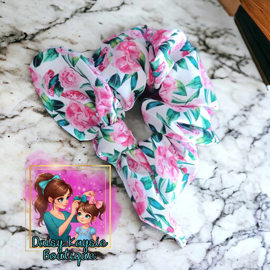Pink Rose Floral Fabric Bunny Ear Scrunchie