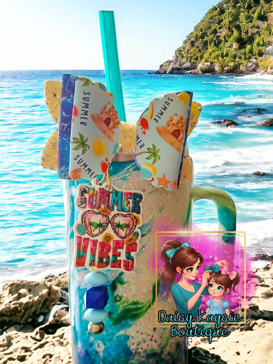 Summer Vibes Beach Blue Straw Bow Cup Accessories