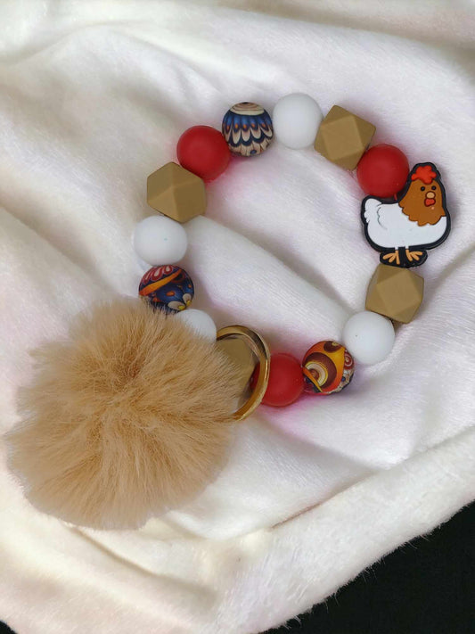 Keyper Beaded Wristlet Key Chain Chicken Hen Crazy Chicken Lady