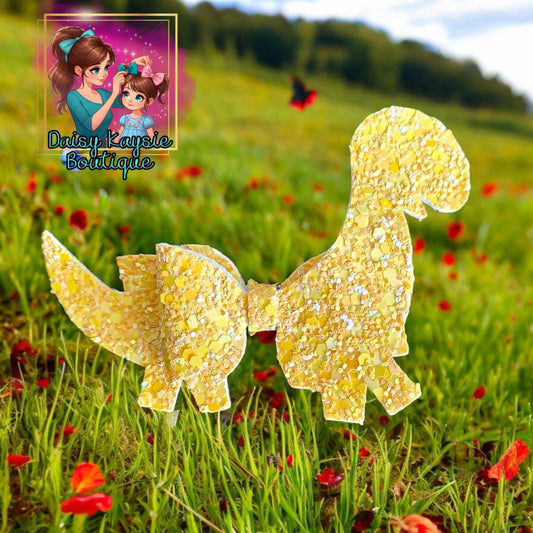 Cute Yellow Neon Glitter Dino Bow