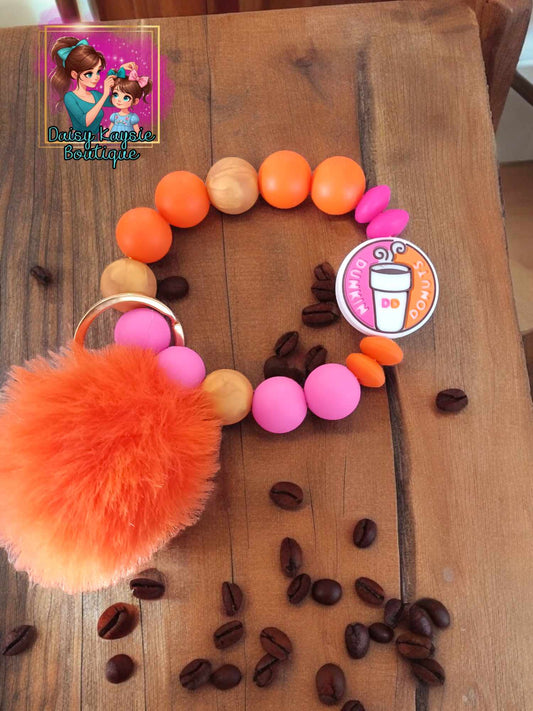 Keyper Beaded Wristlet Key Chain Coffee and Donuts Orange Pink