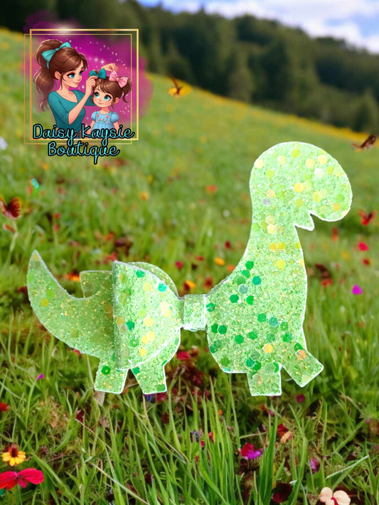 Cute Green Neon Glitter Dino Bow