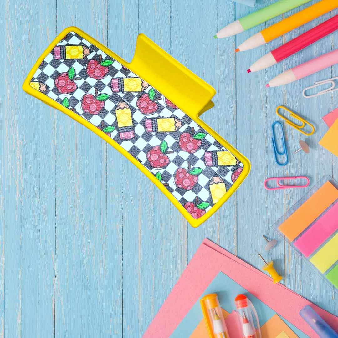 Pencil Apple Yellow School Claw Clip