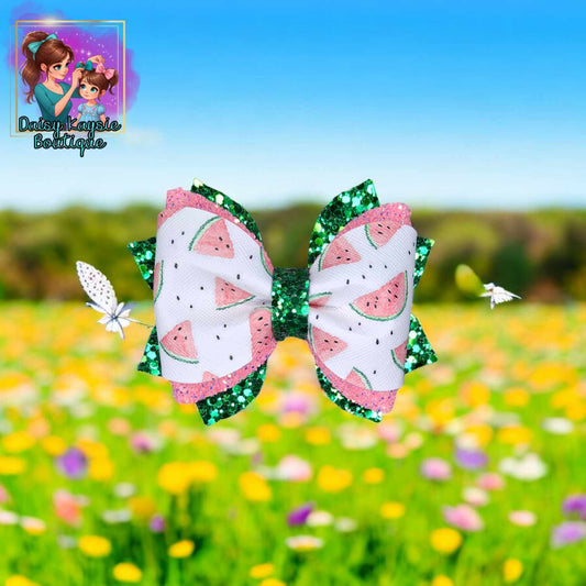 Watermelon Pretty Pink Green Glitter Twisted Daisy