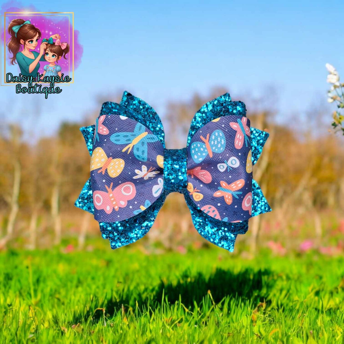 Butterfly Pattern Blue Glitter Twisted Daisy