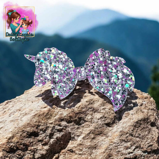 Silver Purple Glitter Unicorn Bow