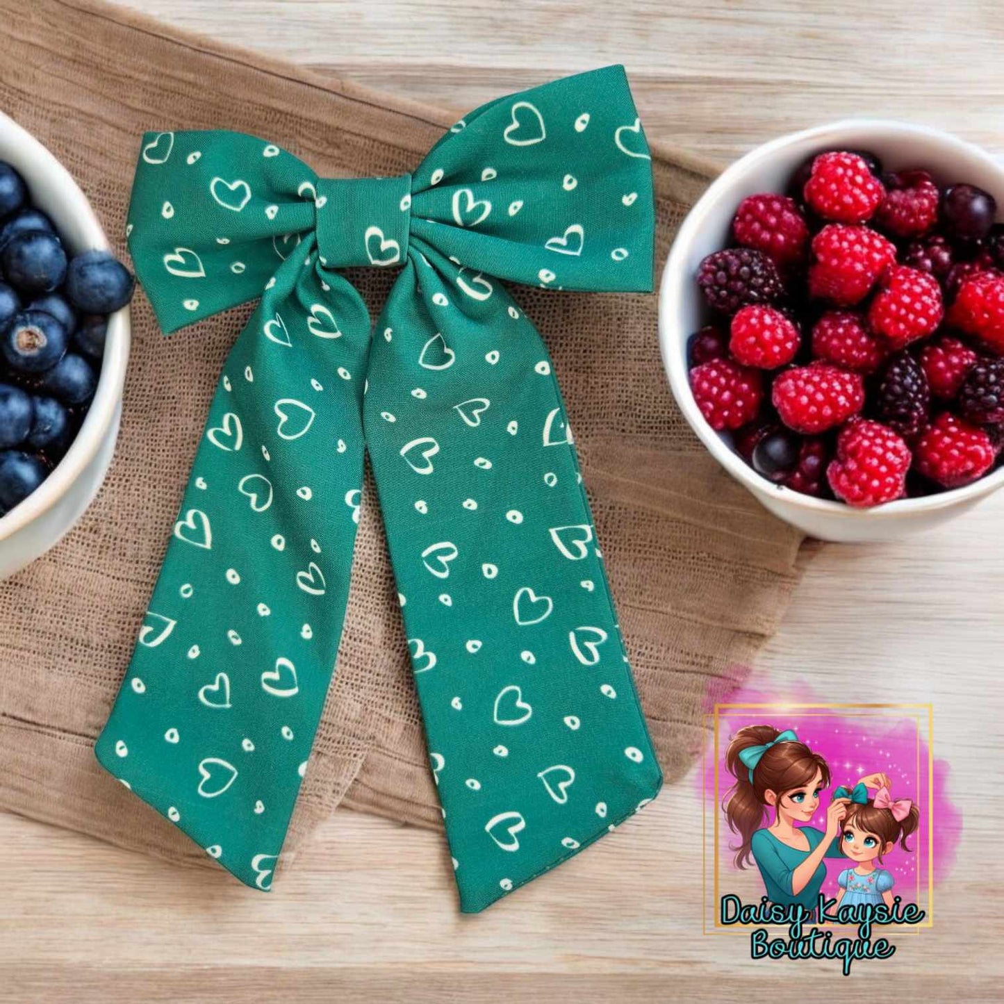 Green Hearts Long Tail Saylor Hair Bow