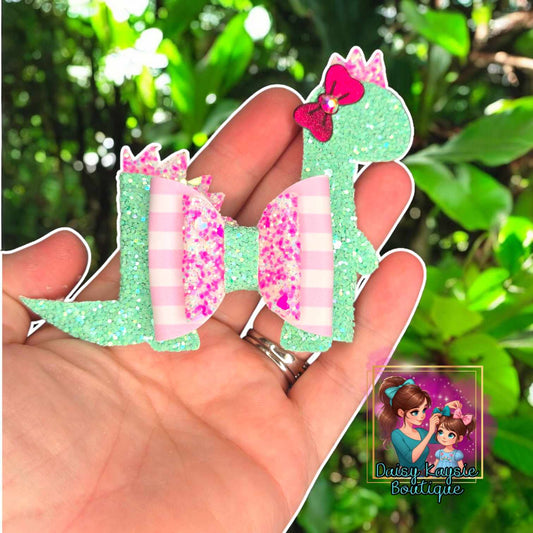 Light Green And Pink Glitter Dino Bow