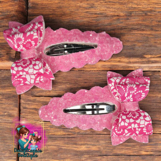 Hot Pink lace Bow Snap Clip
