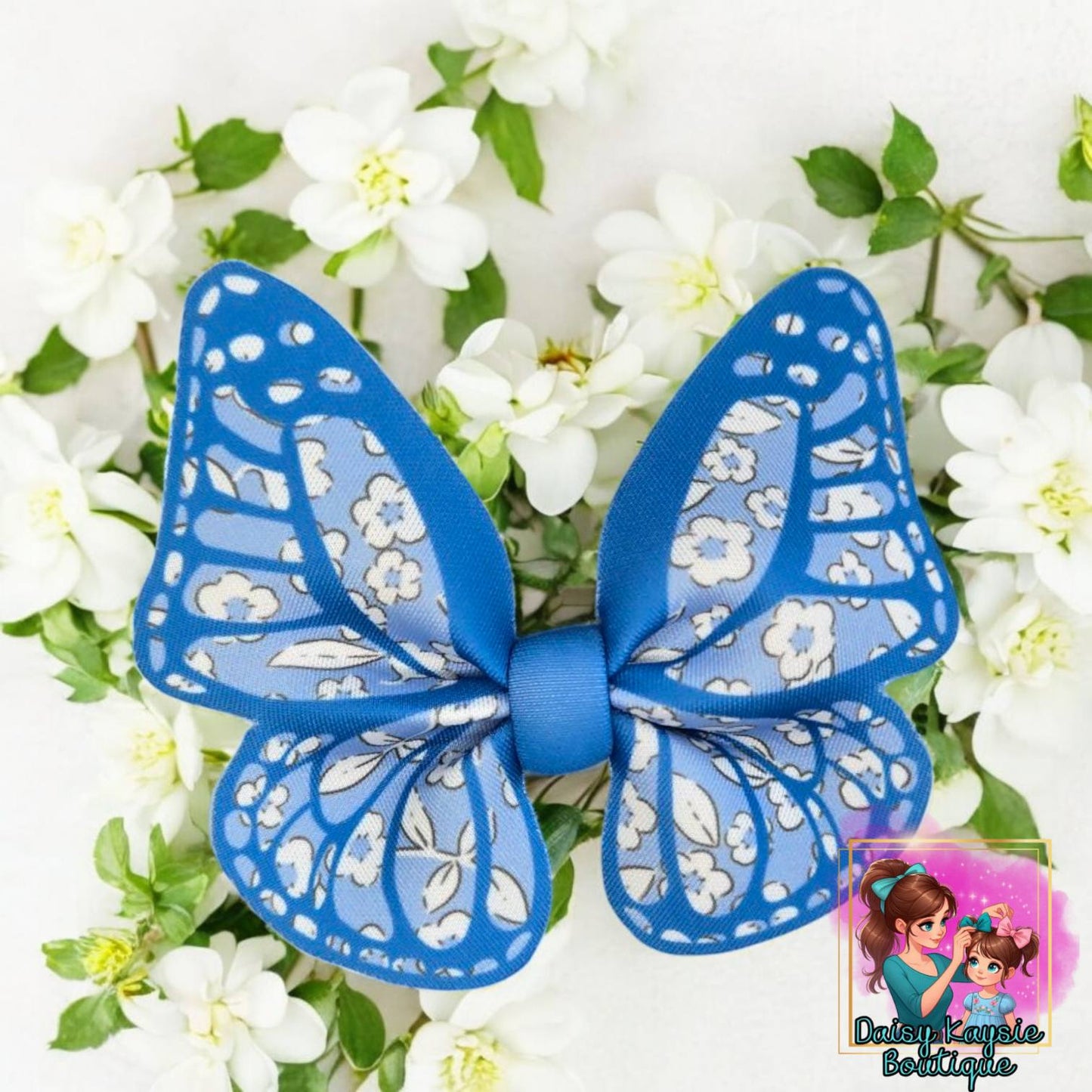 Blue Floral Butterfly Scuba Cutout Bow