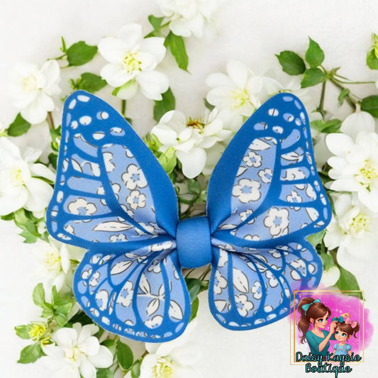 Blue Floral Butterfly Scuba Cutout Bow