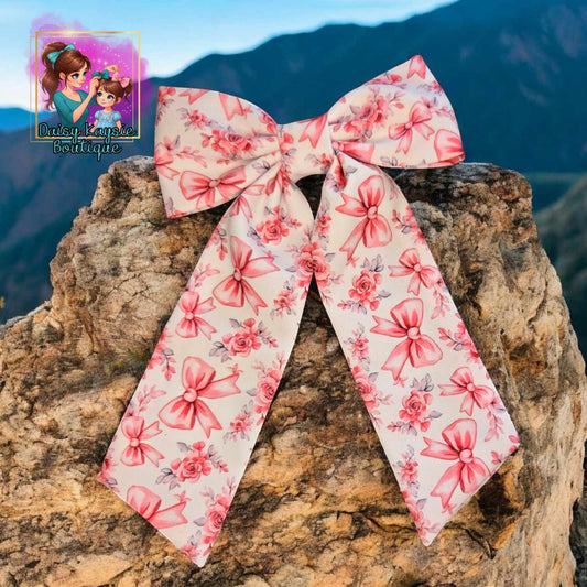 Pink Rose Floral Long Tail Saylor Hair Bow