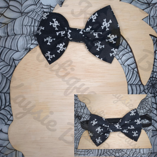 Halloween Black Pirate Skull & Cross Bones Hairbow & Matching Bowtie